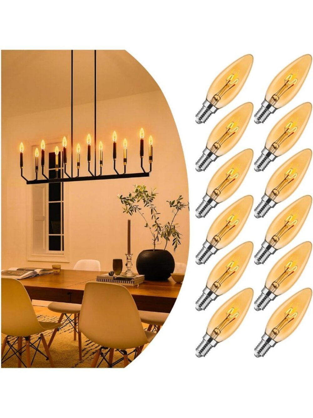 Dimmable E12 Candelabra LED Edison Bulbs, 25W Amber Candle Light - 2000K, 12PK